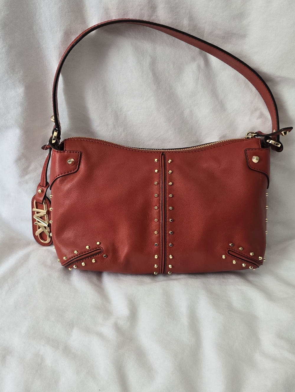 NWT Michael Kors Astor Stud-Accent Terracotta Pouchette Leather Shoulder Bag